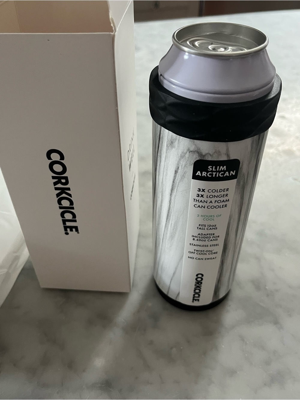 Corkcicle Slim Arctican Can Cooler - Marble White with Black Accent